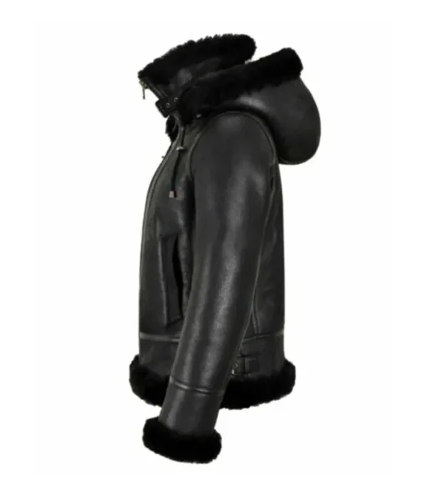 Kaila B3 Shearling Black Real Leather Hooded Bomber Jacket Side View