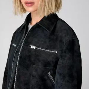 Kailiah Premium Black Suede Leather Jacket Closeup
