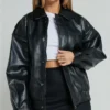 Kaitlyn Black Oversized Leather Bomber Jacket