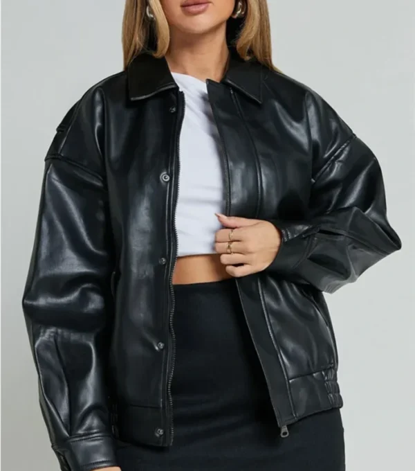 Kaitlyn Black Oversized Leather Bomber Jacket