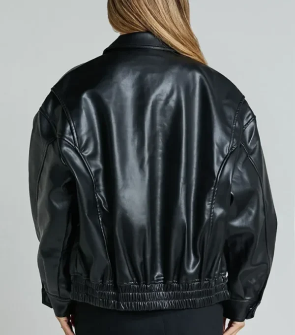 Kaitlyn Black Oversized Leather Bomber Jacket Back