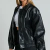 Kaitlyn Black Oversized Leather Bomber Jacket Front