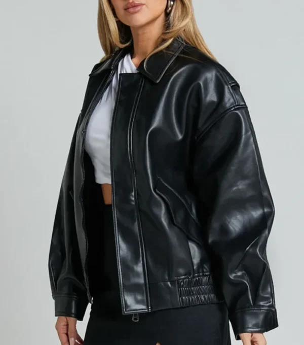 Kaitlyn Black Oversized Leather Bomber Jacket Front