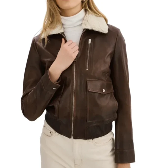 Katheryn Brown Fur Collar Bomber A1 Avaitor Leather Jacket