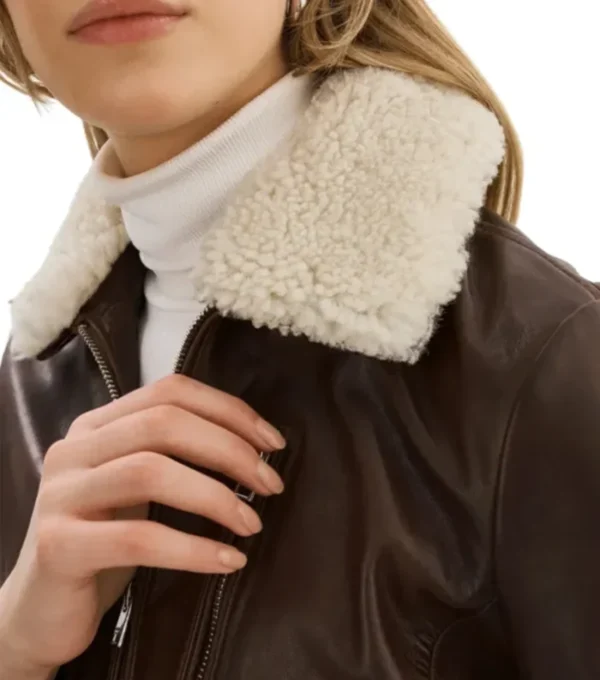 Katheryn Brown Fur Collar Bomber A1 Avaitor Leather Jacket Closeup
