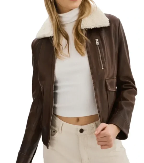 Katheryn Brown Fur Collar Bomber A1 Avaitor Leather Jacket Front