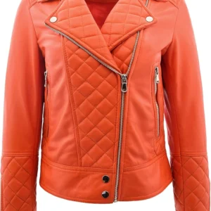 Kayden Cool Toned Real Leather Biker Orange Quilted Jacket