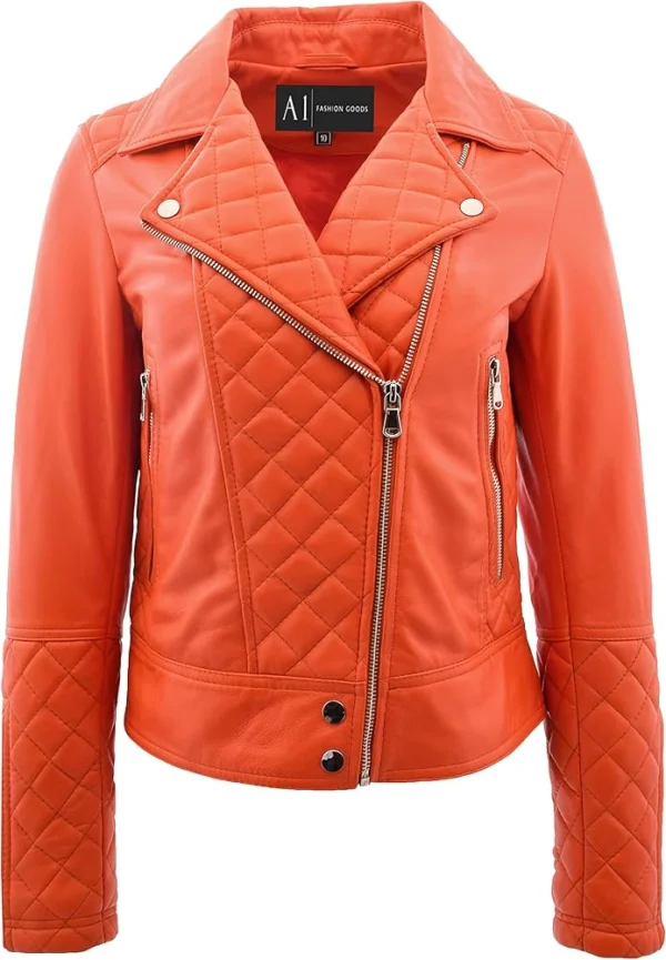 Kayden Cool Toned Real Leather Biker Orange Quilted Jacket