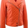 Kayden Cool Toned Real Leather Biker Orange Quilted Jacket Front