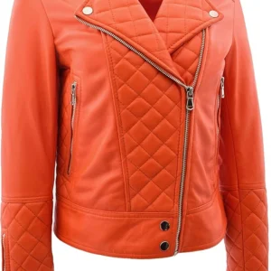 Kayden Cool Toned Real Leather Biker Orange Quilted Jacket Front