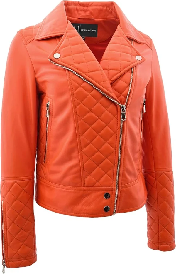 Kayden Cool Toned Real Leather Biker Orange Quilted Jacket Front