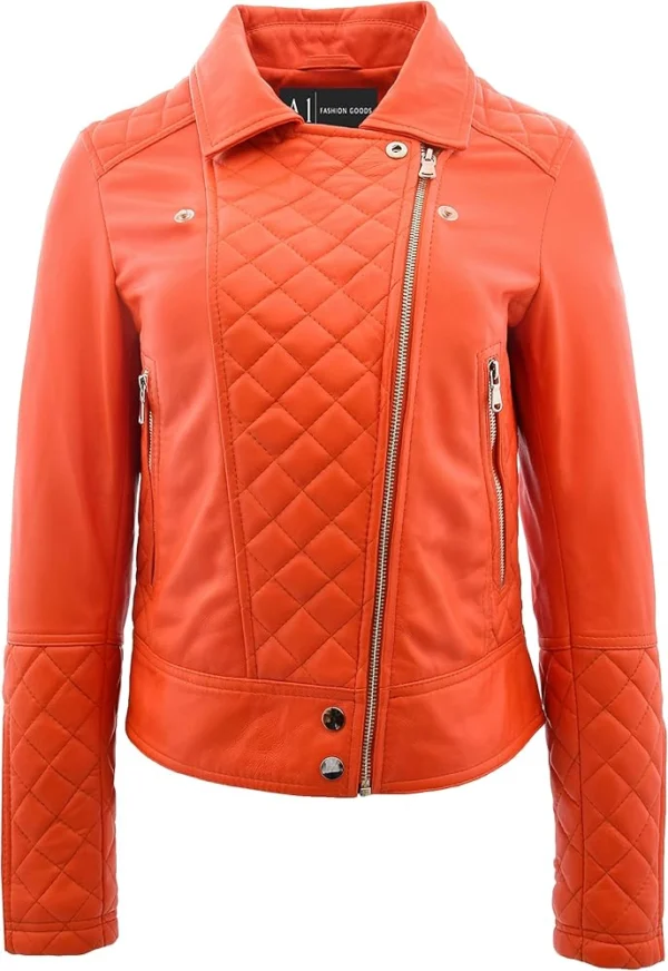 Kayden Cool Toned Real Leather Biker Orange Quilted Jacket Front View