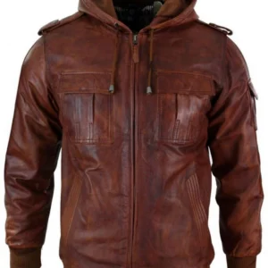Keegan Brown Hooded Bomber Leather Jacket