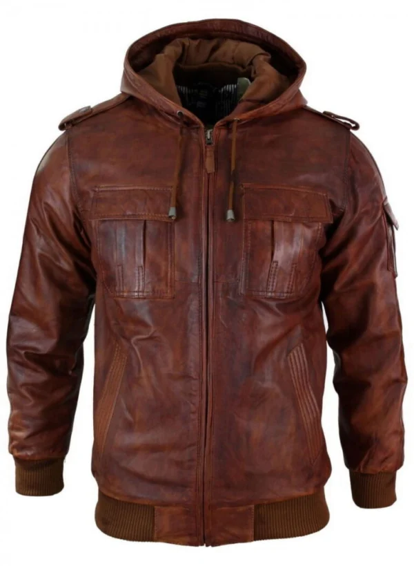 Keegan Brown Hooded Bomber Leather Jacket