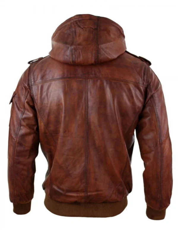 Keegan Brown Hooded Bomber Leather Jacket Back