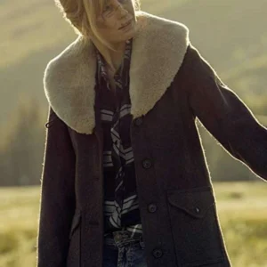 Kelly Reilly Yellowstone Shearling Wool Coat Front