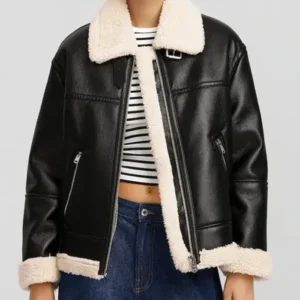 Kendell Inner White Shearling Black Leather B3 Aviator Jacket