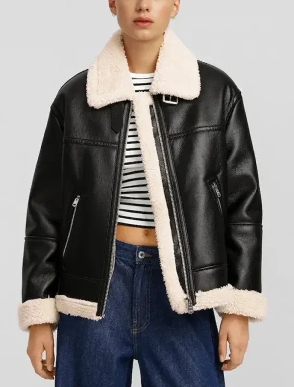 Kendell Inner White Shearling Black Leather B3 Aviator Jacket