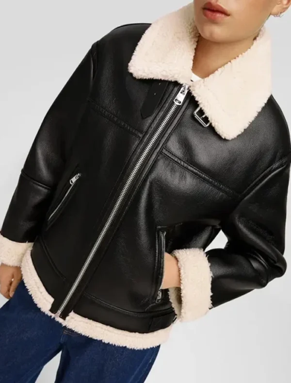 Kendell Inner White Shearling Black Leather B3 Aviator Jacket Front