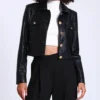 Kendyl Black Smooth Real Leather Cropped Jacket