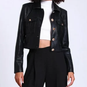 Kendyl Black Smooth Real Leather Cropped Jacket