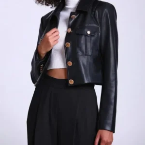 Kendyl Black Smooth Real Leather Cropped Jacket Front