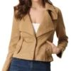 Kieran Biker Inspire Camel Soft Suede Leather Jacket Front View