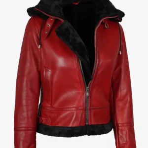 Kimberly Black Shearling Red Leather Hooded Bomber Jacket