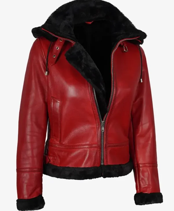Kimberly Black Shearling Red Leather Hooded Bomber Jacket