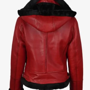 Kimberly Black Shearling Red Leather Hooded Bomber Jacket Back
