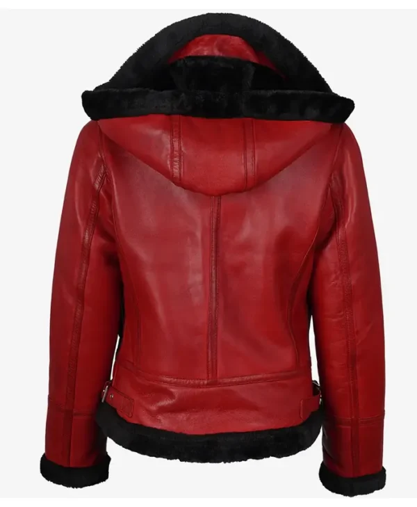 Kimberly Black Shearling Red Leather Hooded Bomber Jacket Back