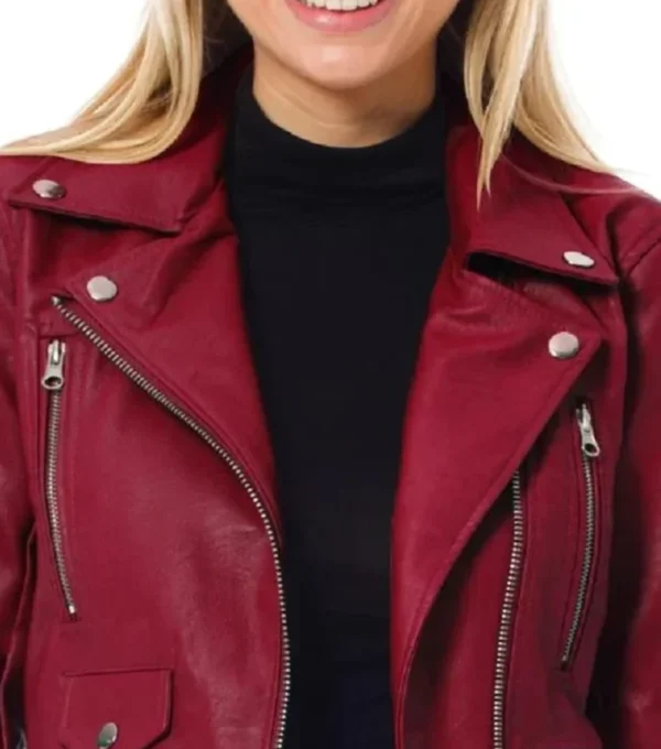 Kingsley Red Biker Timeless Leather Jacket Closeup