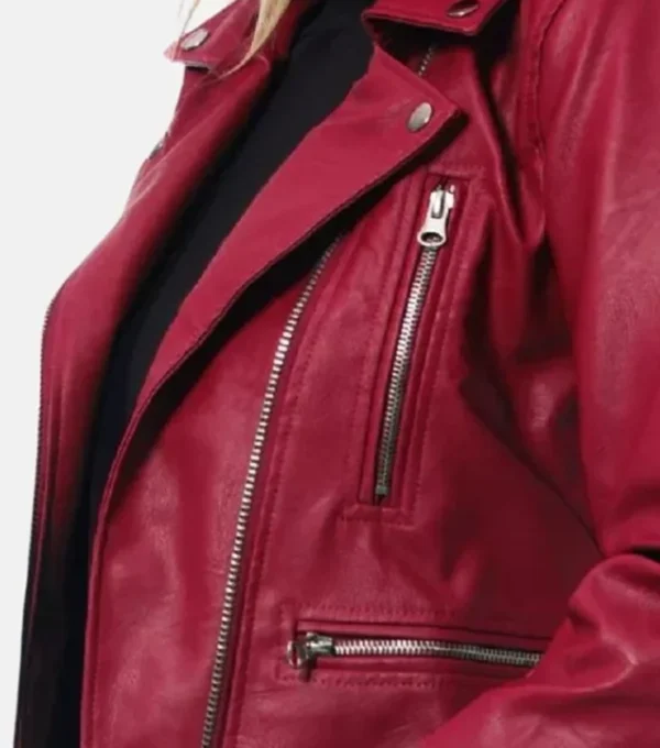 Kingsley Red Biker Timeless Leather Jacket Closeup View