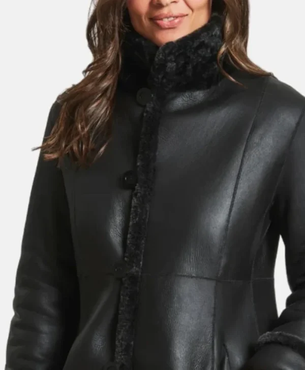Knox Adventure Ready Shearling Leather Long Black Coat Closeup