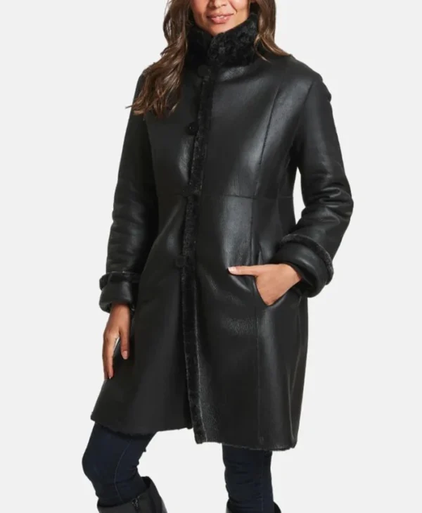 Knox Adventure Ready Shearling Leather Long Black Coat Front