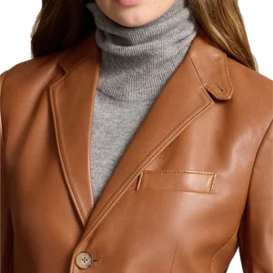 Kristal Eye Catching Brown Leather Blazer Closeup