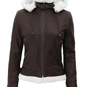 Kyrston Dark Brown Shearling Leather Hooded Jacket