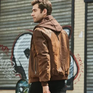 Laci brown suede hooded leather jacket back