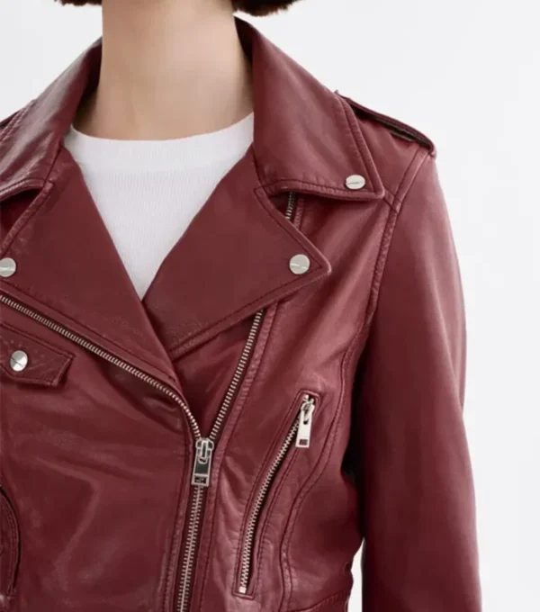 Laura Burgundy Biker Real Leather Jacket Closeup