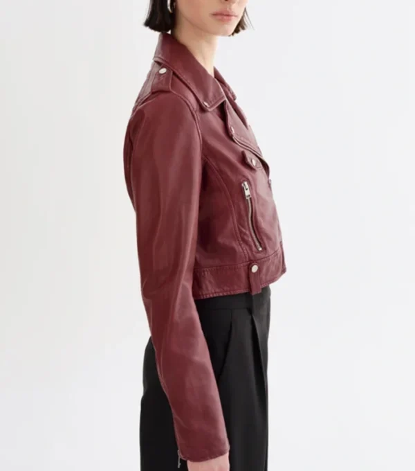 Laura Burgundy Biker Real Leather Jacket Side View