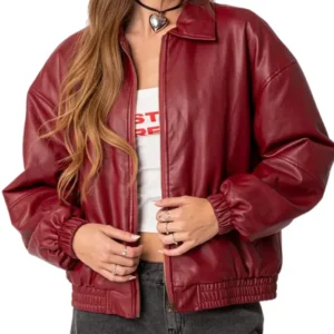 Lorelei Maroon Real Leather Bomber Jacket Front