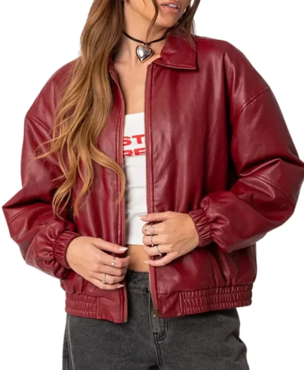 Lorelei Maroon Real Leather Bomber Jacket Front