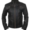 Luke Mens Rivet Biker Leather Jacket With Distressed Seams in Black