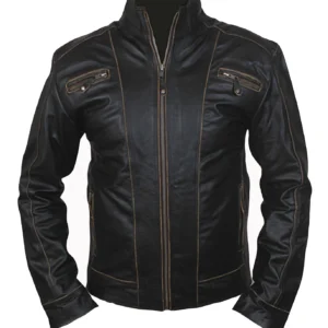 Luke Mens Rivet Biker Leather Jacket With Distressed Seams in Black