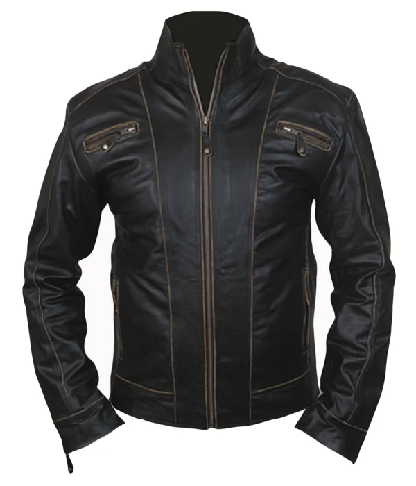 Luke Mens Rivet Biker Leather Jacket With Distressed Seams in Black