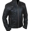 Luke Mens Rivet Biker Leather Jacket With Distressed Seams in Black Back