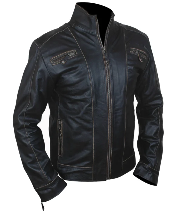 Luke Mens Rivet Biker Leather Jacket With Distressed Seams in Black Back