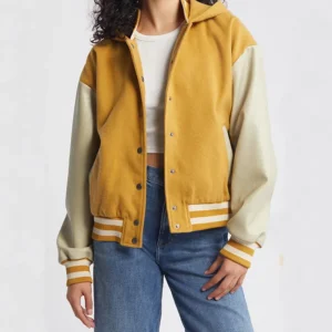 MaKenzie Yellow Hooded Wool Varsity Bomber Jacket