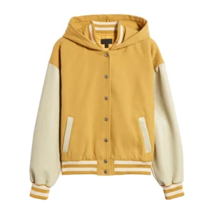 MaKenzie Yellow Hooded Wool Varsity Bomber Jacket Front