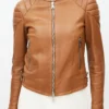 Maggie Q Ballard Brown Quilted Leather Jacket Front